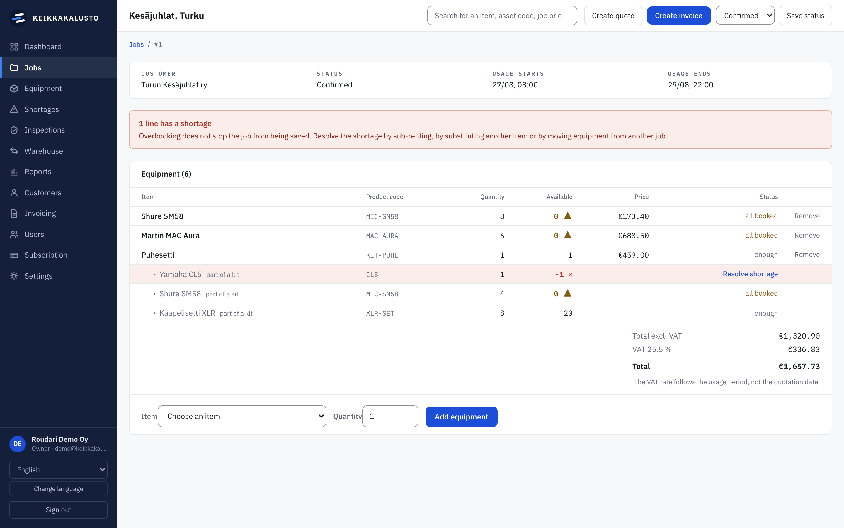The KEIKKAKALUSTO gig page: equipment, availability and price in one view