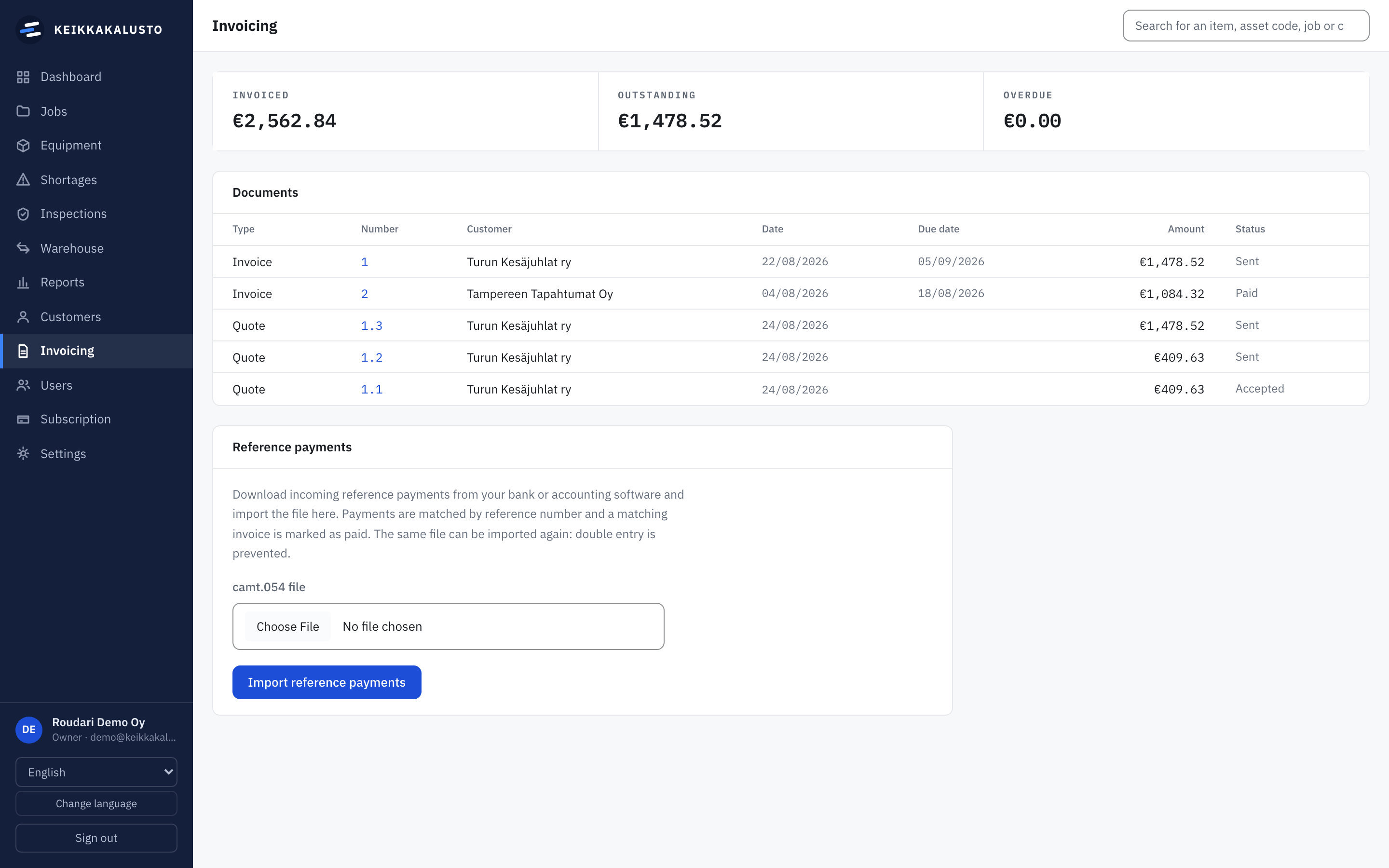 Invoicing view: invoices, quotes and reference payment import